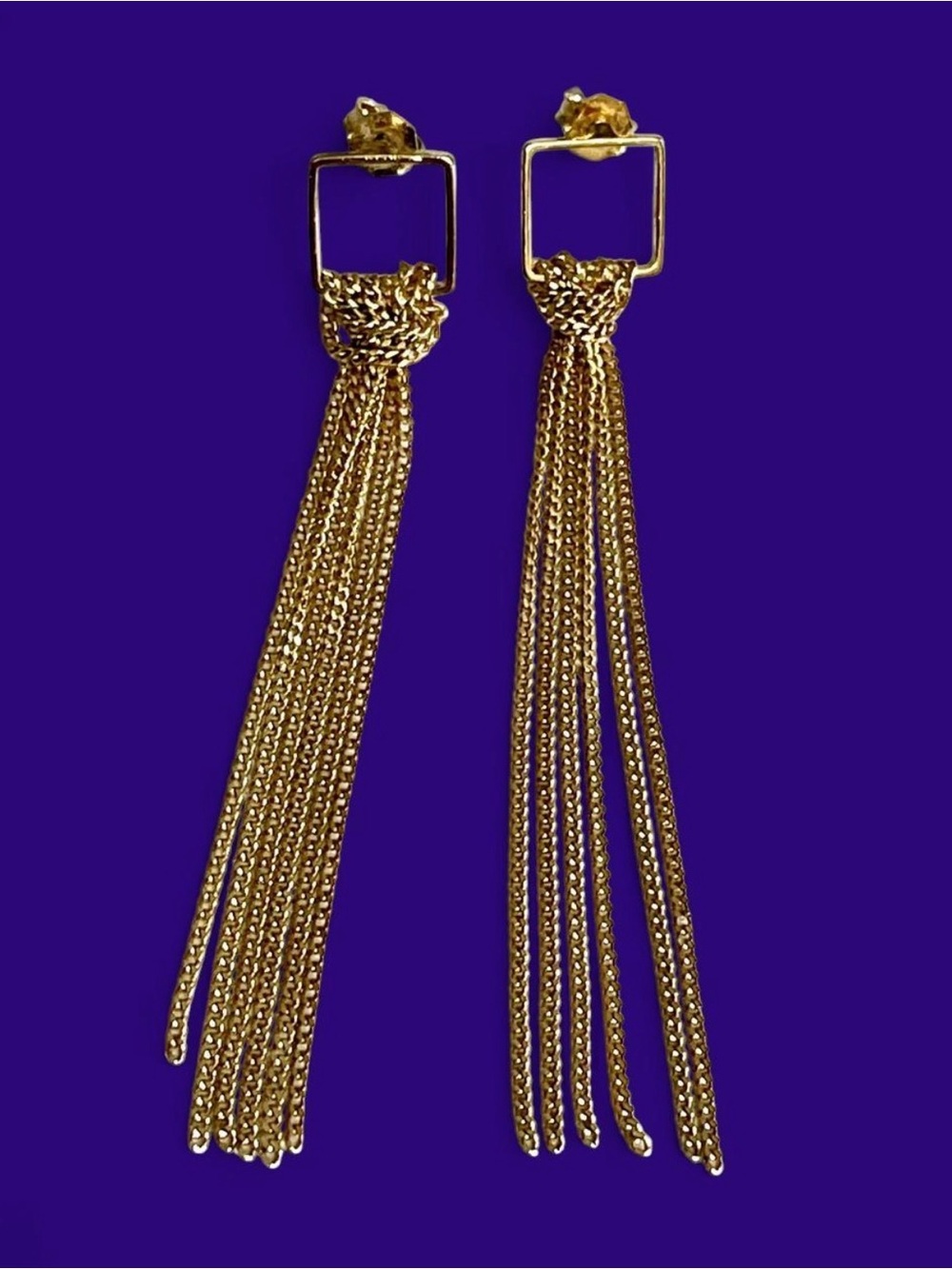 Delicate Gold Tassel Dangle Earrings Chain Fringe Geometric Square Lightweight